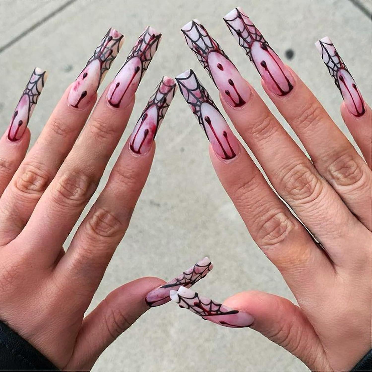 Halloween Press On Nails Extra Long Coffin Shape Spider Web Blood Drop Reusable Glue On Tips