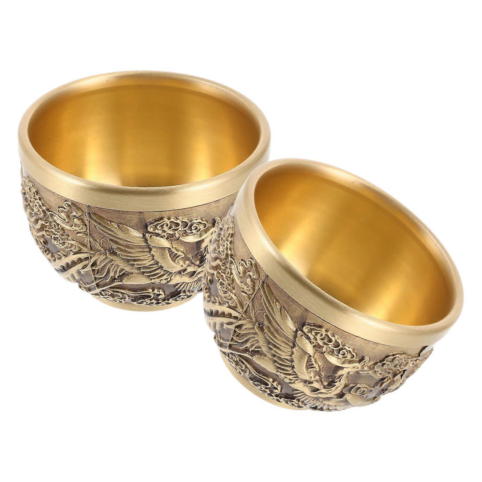 Golden Dragon Pattern Cup Copper Teacup for Home 2Pcs