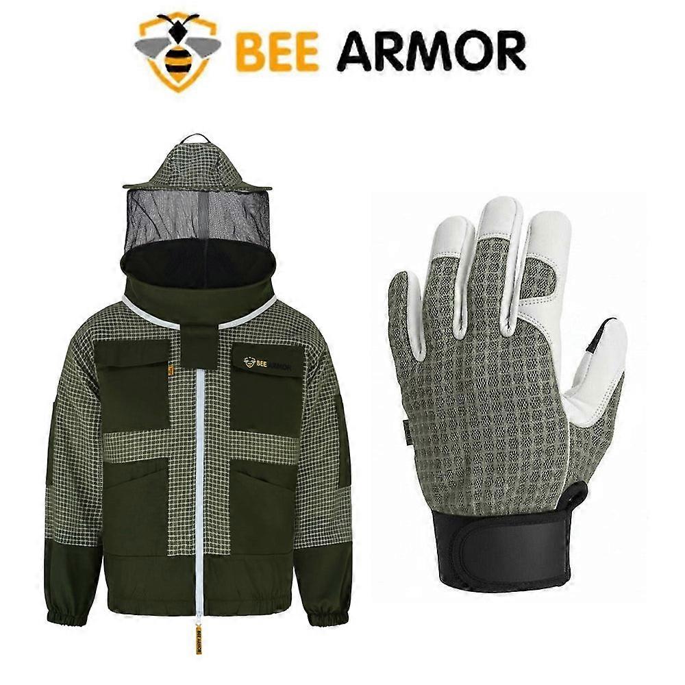 Bee Keeping 3-layer Jacket Rounded Veil In Green Color  With  Free Gloves (bee Armor)