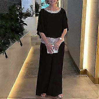 2 Pçs / set Mulheres Top Calças Terno Brilhante Lantejoulas Bat Mangas Patchwork Em Torno Do Pescoço Solto Perna Larga Macio Respirável Casual Formal T-shirt Calças Set