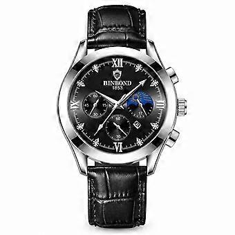 Men's Quartz Watch Black Leather Strap Silver Steel Black Dial Calendar Luminous Waterproof Sport Fashion Student JY
