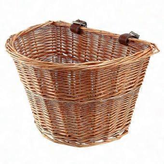 Mandje voorop, in retro-stijl, met gevlochten structuur en leren banden.