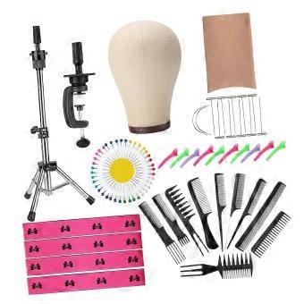 Styling Mannequin Head Practice Set with Canvas Head, Freestanding Adjustable Tripod, Table Clamp and Wig Making Accessories for Braiding Lessons and