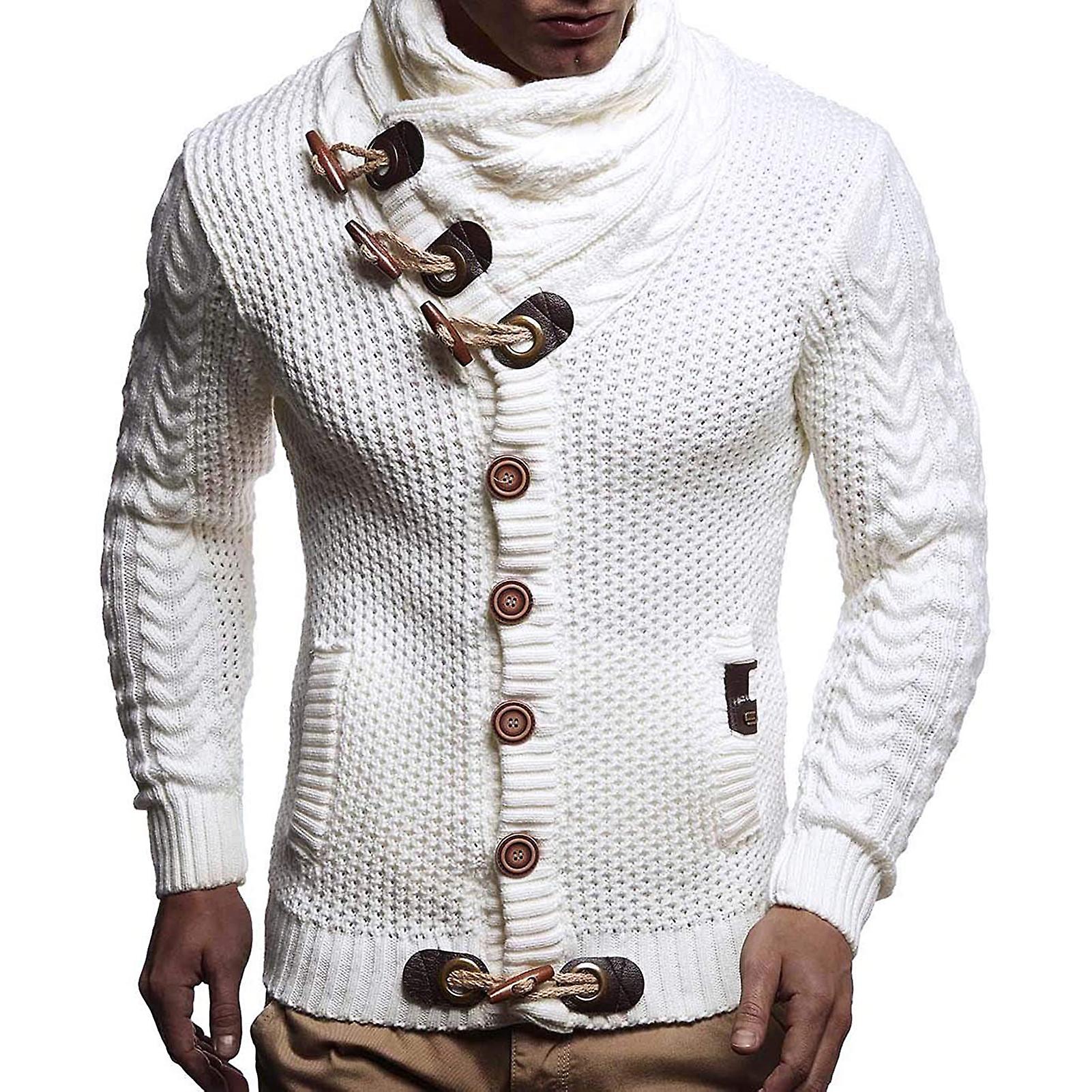 Fianao Hommes Cardigan Pull Corne Boutons Couleur Unie Col Roulé À Manches Longues Tricots Automne H
