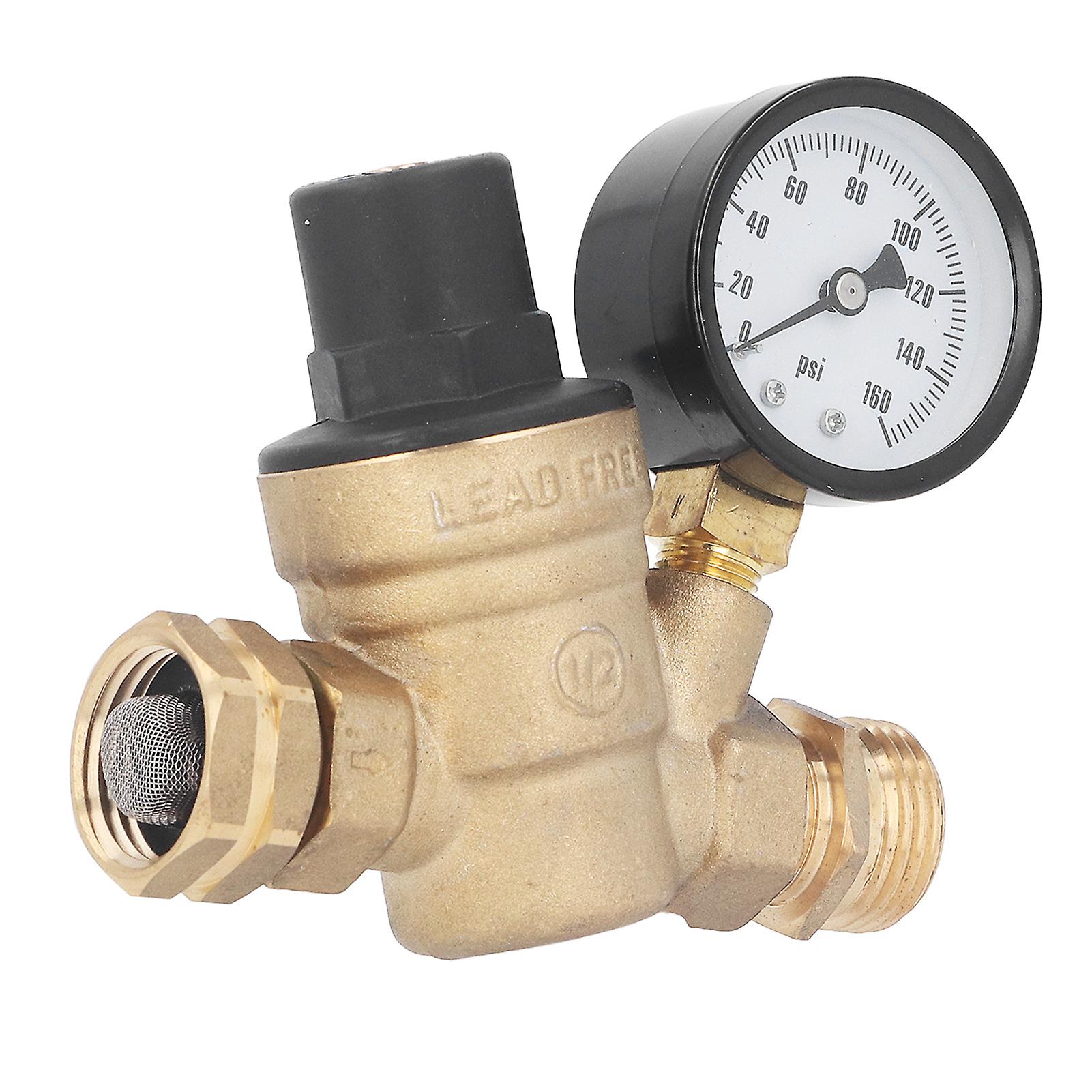 Water Pressure Regulator Reducing Valve, Brass Adjustable 160psi Valve with Gauge Inlet Screen Filter for Rv,Home,Irrigation,Garden