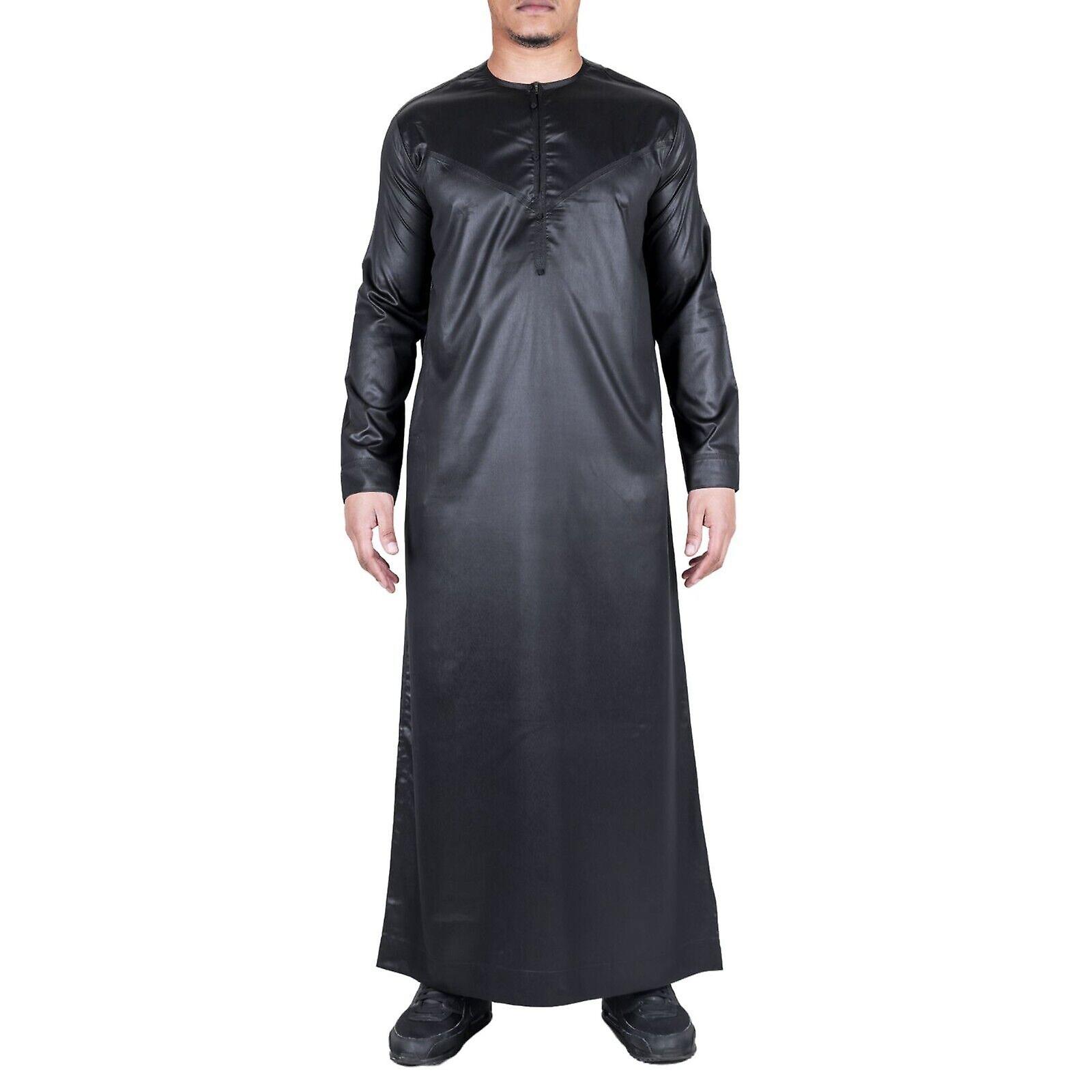 Men's Black Thobe Robe Satin Emirati Islamic Jubba Eid Regular Fit