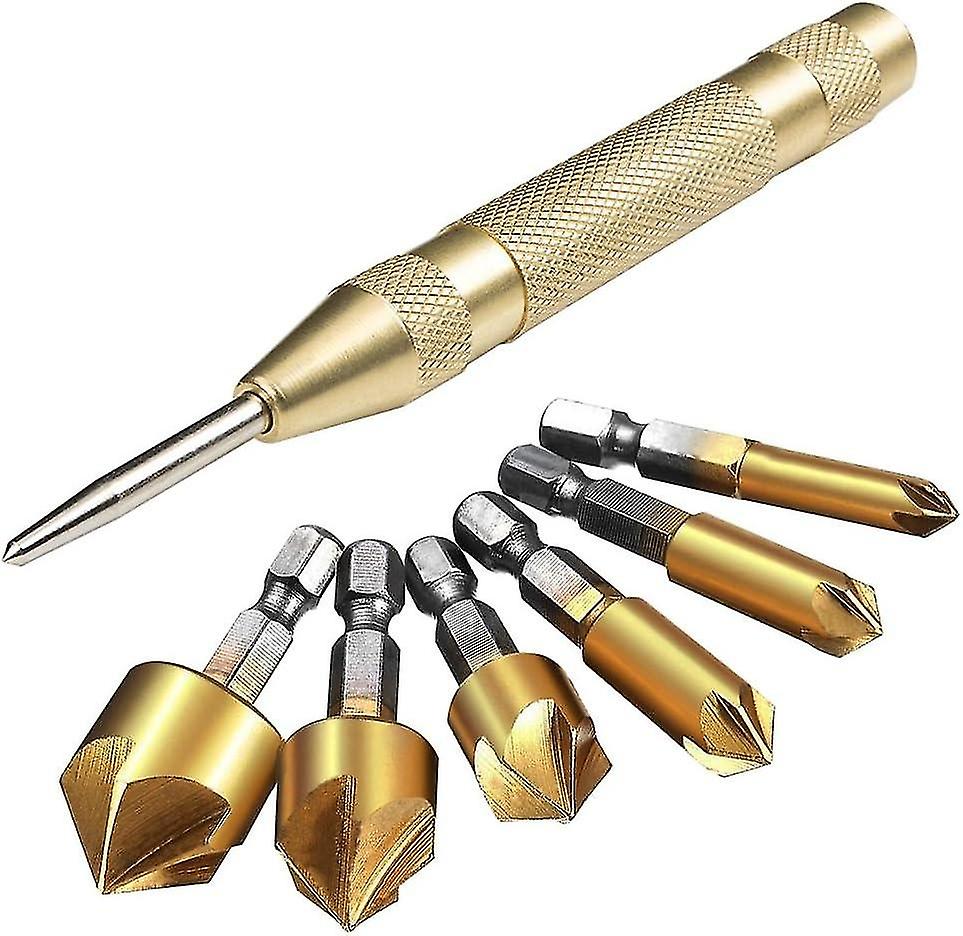 Set of 6 HSS 5 Hexagonal Shank Conical Milling Bits with Automatic Center punch 12.7 cm Deburring To