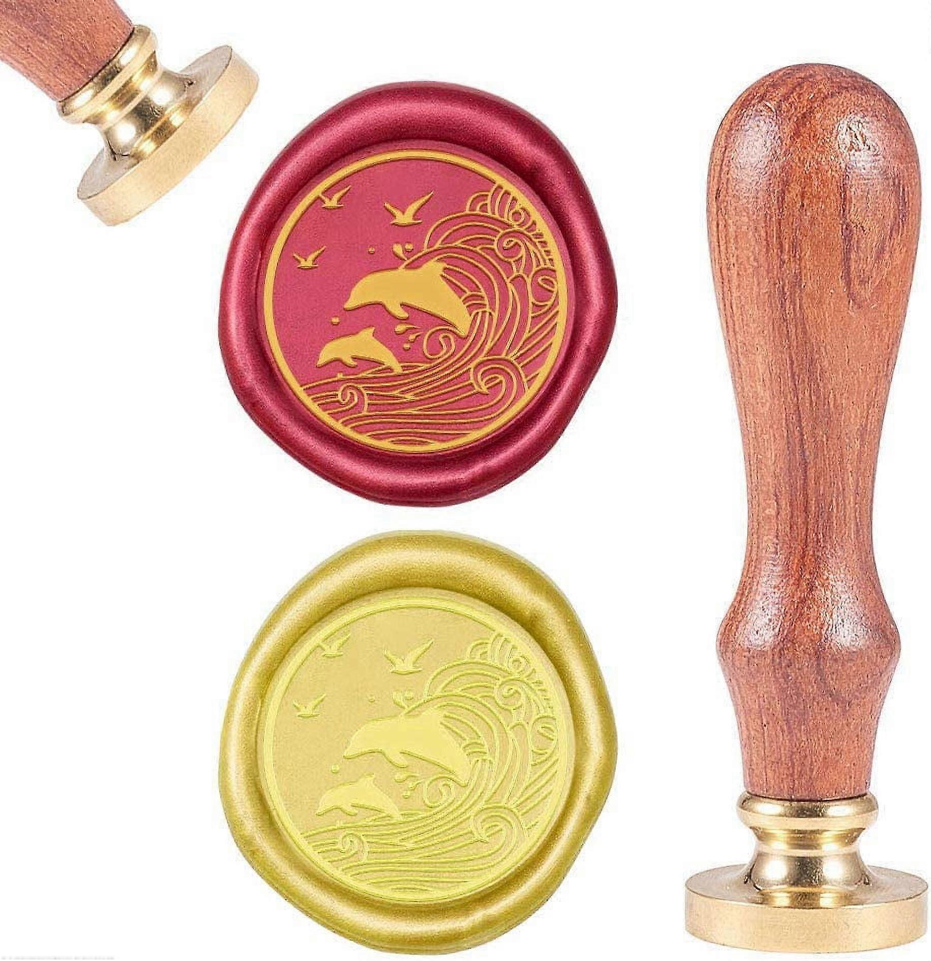 1Set Dolphin Wax Seal Stamp Vintage Wax Sealing Stamps Retro 25mm Removable Brass Head Wooden Handle for Envelopes Invitations Wine Packages Greeting