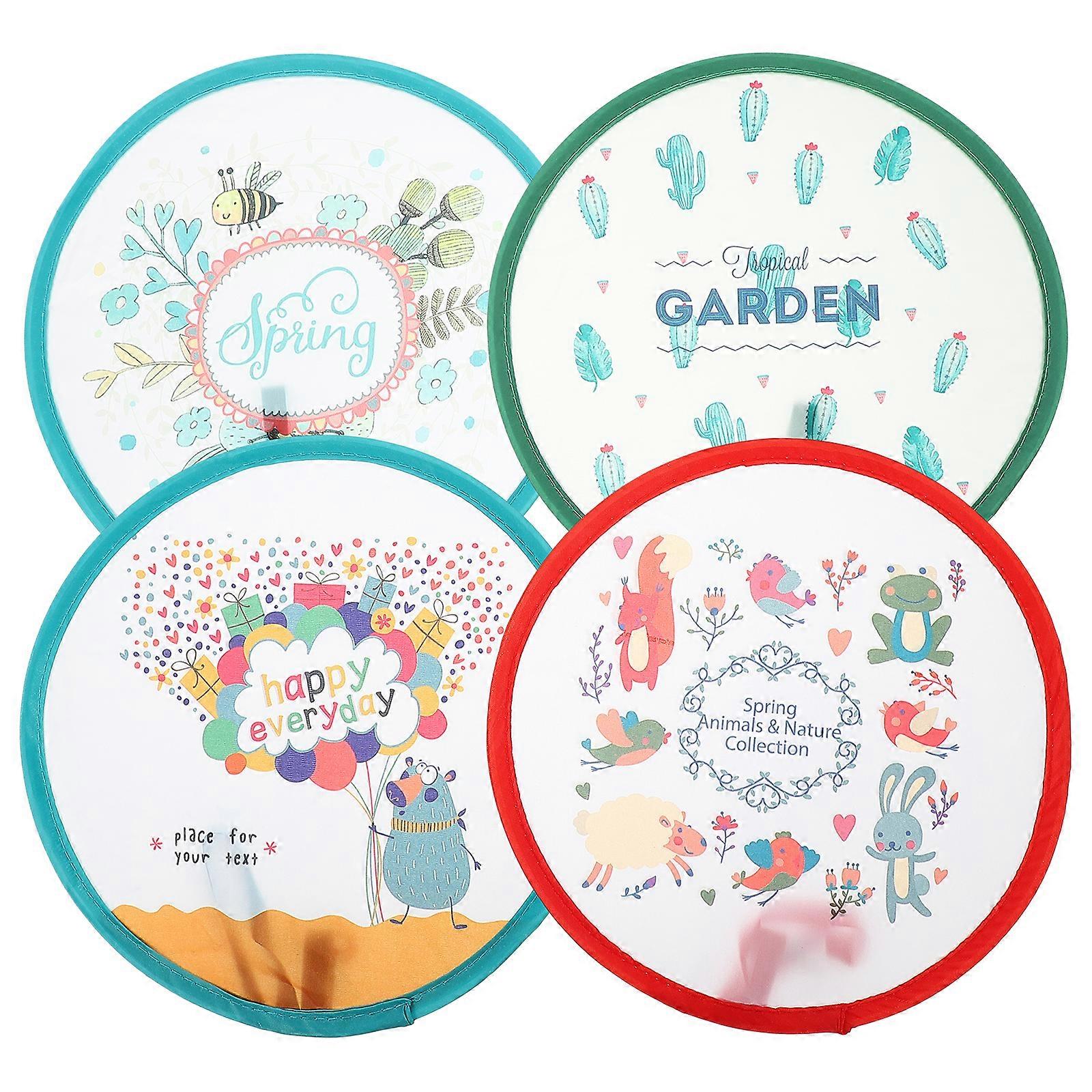 4pcs Cartoon Style Round Fan Foldable Polyester Hand Fan Decorative Round Folding Fan