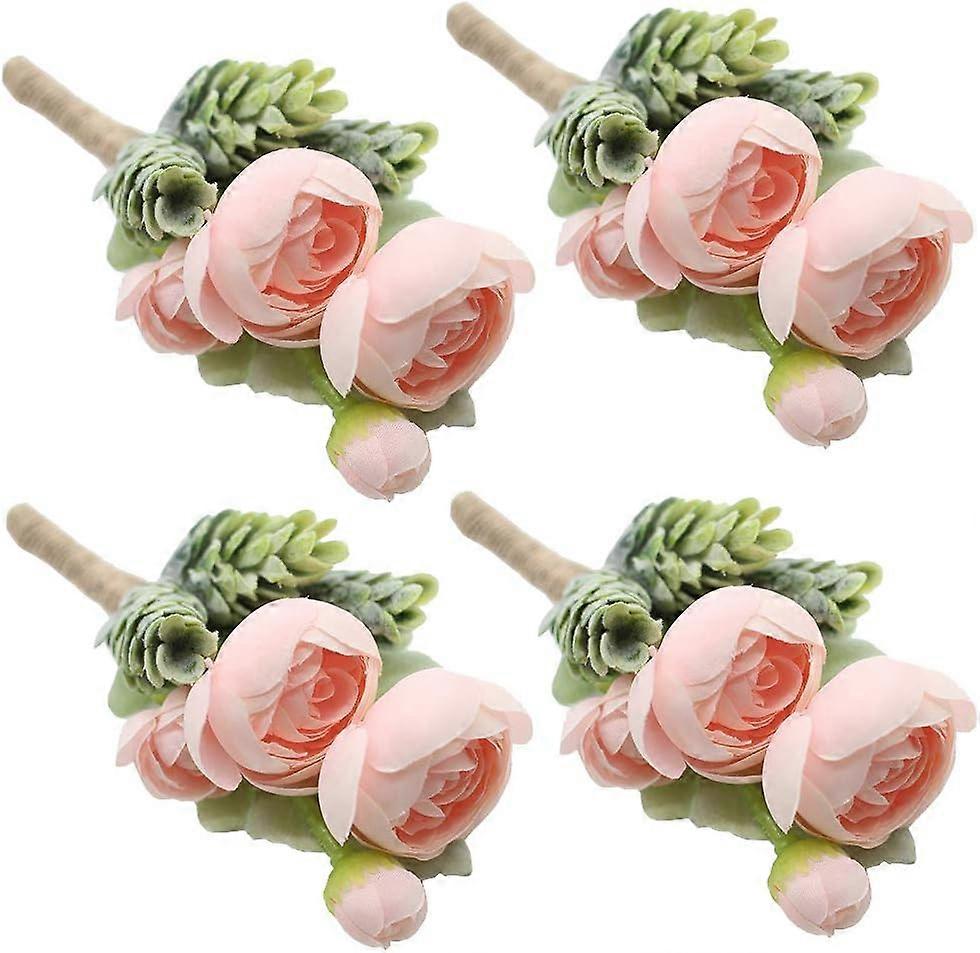 4 PcsPink Groom Boutonniere with Pin, Artificial Succulent Plants Best Man Boutineers