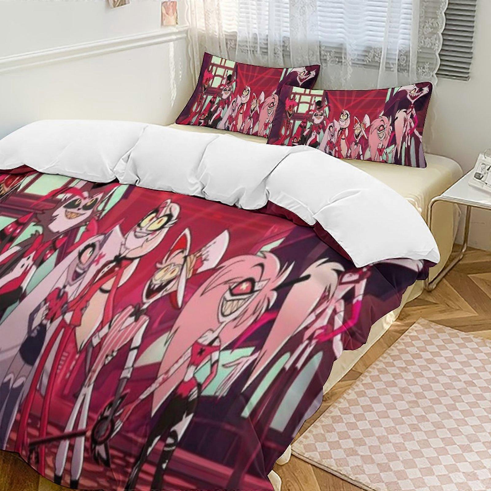 v166 Hazbin Hotel 2 Cama Capa de Edredom Microfibra Conjuntos de Cama Leve 3 Peças Conjuntos de Edredom, 1 Capa de Edredom e 2 Fronhas para Crianças aa166