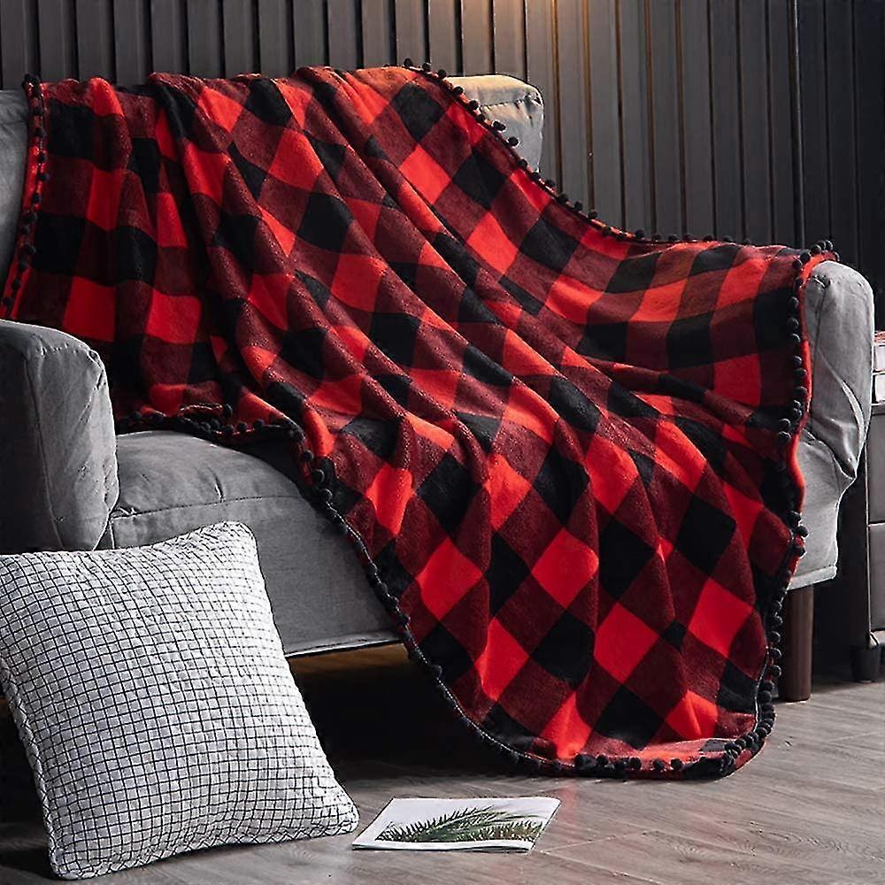 Fleece Blanket With Pompom Fringe, Buffalo Plaid Red And Black Plaid Flannel Throw(130x150cm)