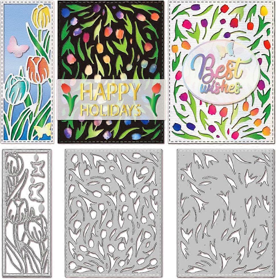 3Pcs Tulips Background Frame Cutting Dies for Card Making Metal Die Cuts Butterfly Cutting Dies Templates for Scrapbooking Journal Embossing Paper Cra