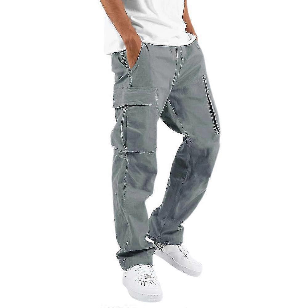 Men Comfy Workwear Cotton Linen-Look Multi-Pocket Casual Loose Baggy Long Cargo Pants Trousers