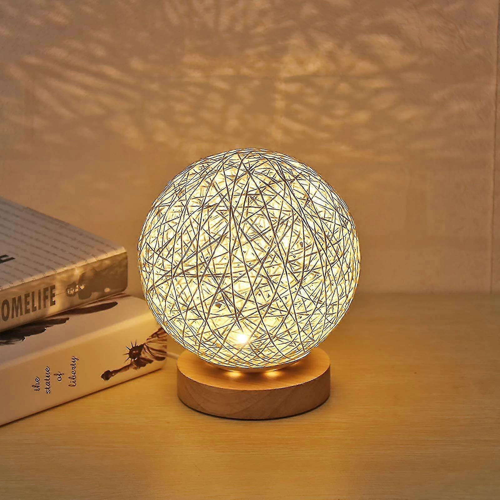 Wooden Table Lamp, Usb Table Lamp With Hand-wrought Rattan Spherical Shade Wooden Moon Lamp For Bedside Table Decorative Bedroom (white)