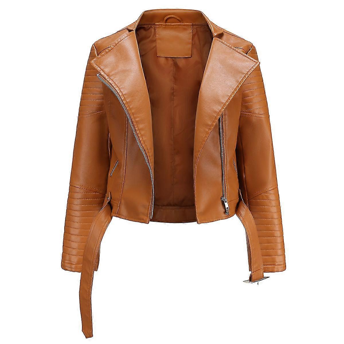 Naiwang Women's Solid Color Simple Slim Short Zip Lace-up Lapel Leather Jacket