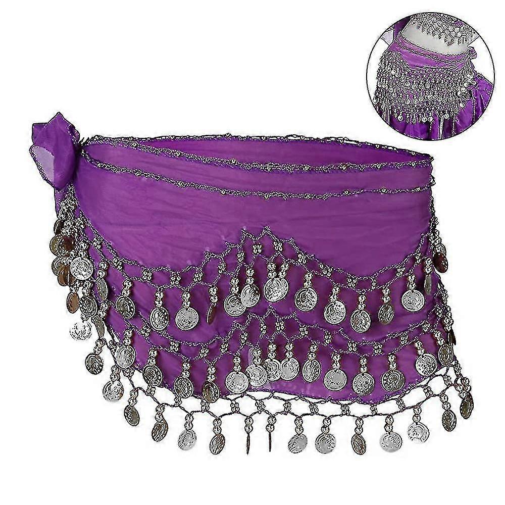 Hip Scarf For Belly Dancing, Women'S Belly Dance Scarf With Coin Skirt Purple- Ssxjv