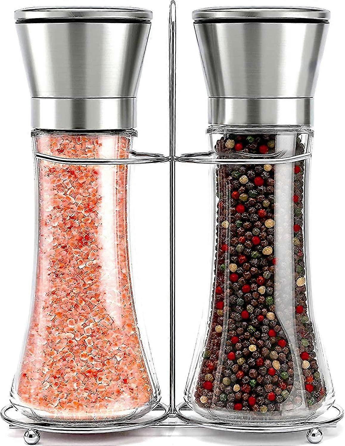 Set of 2 Salt and Pepper Shakers with Matching Stand - Salt and Pepper Grinder with Adjustable Grit