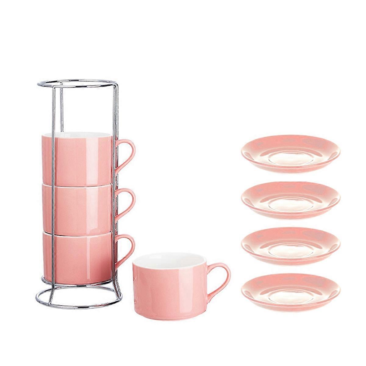 Porcelain Stackable Cappuccino Cups with Saucers and Metal Stand, Espresso Cups for Latte Coffee Cafe,Specialty Coffee C