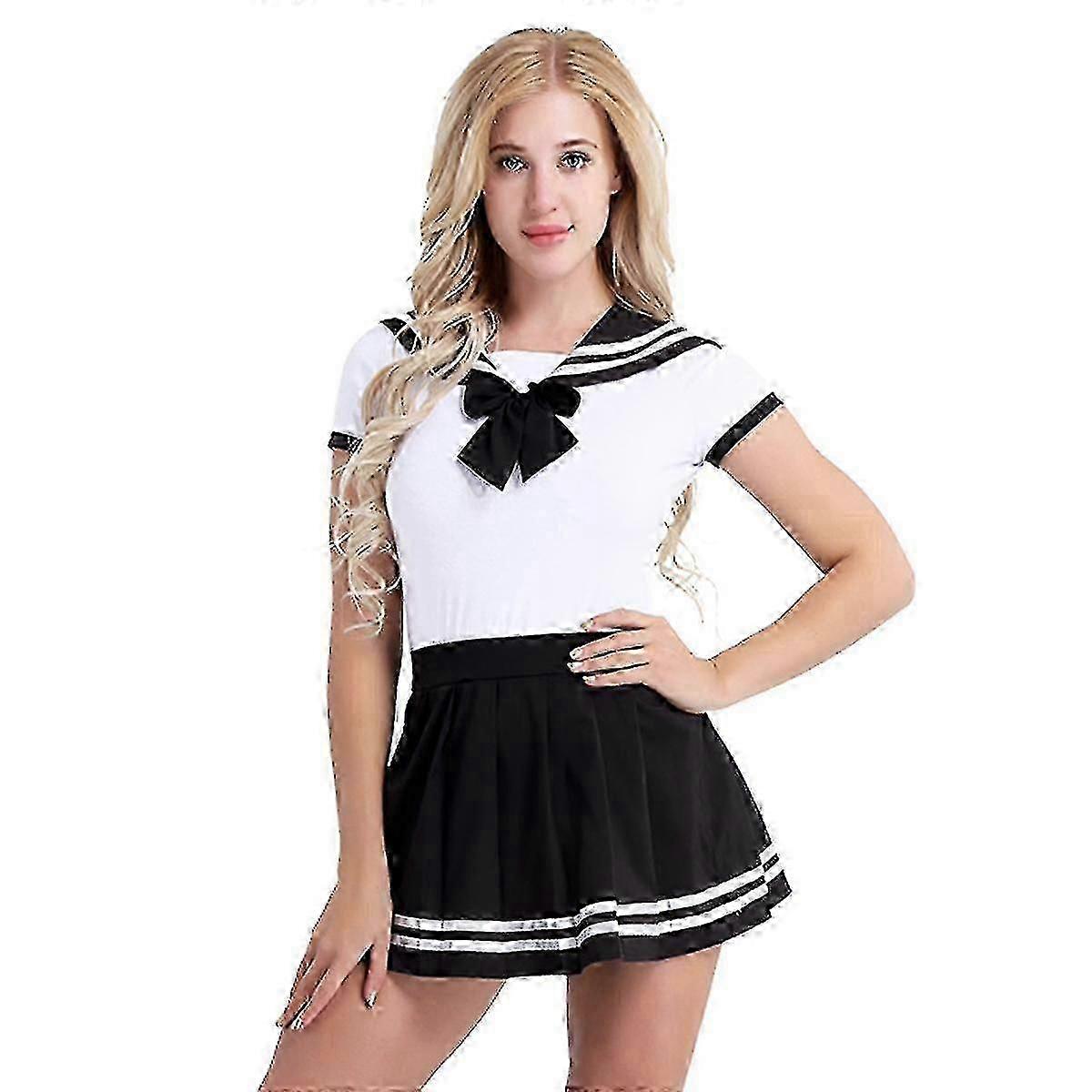 女学生服装短袖连体衣配迷你百褶裙 Cosplay 套装学生女学生制服服装