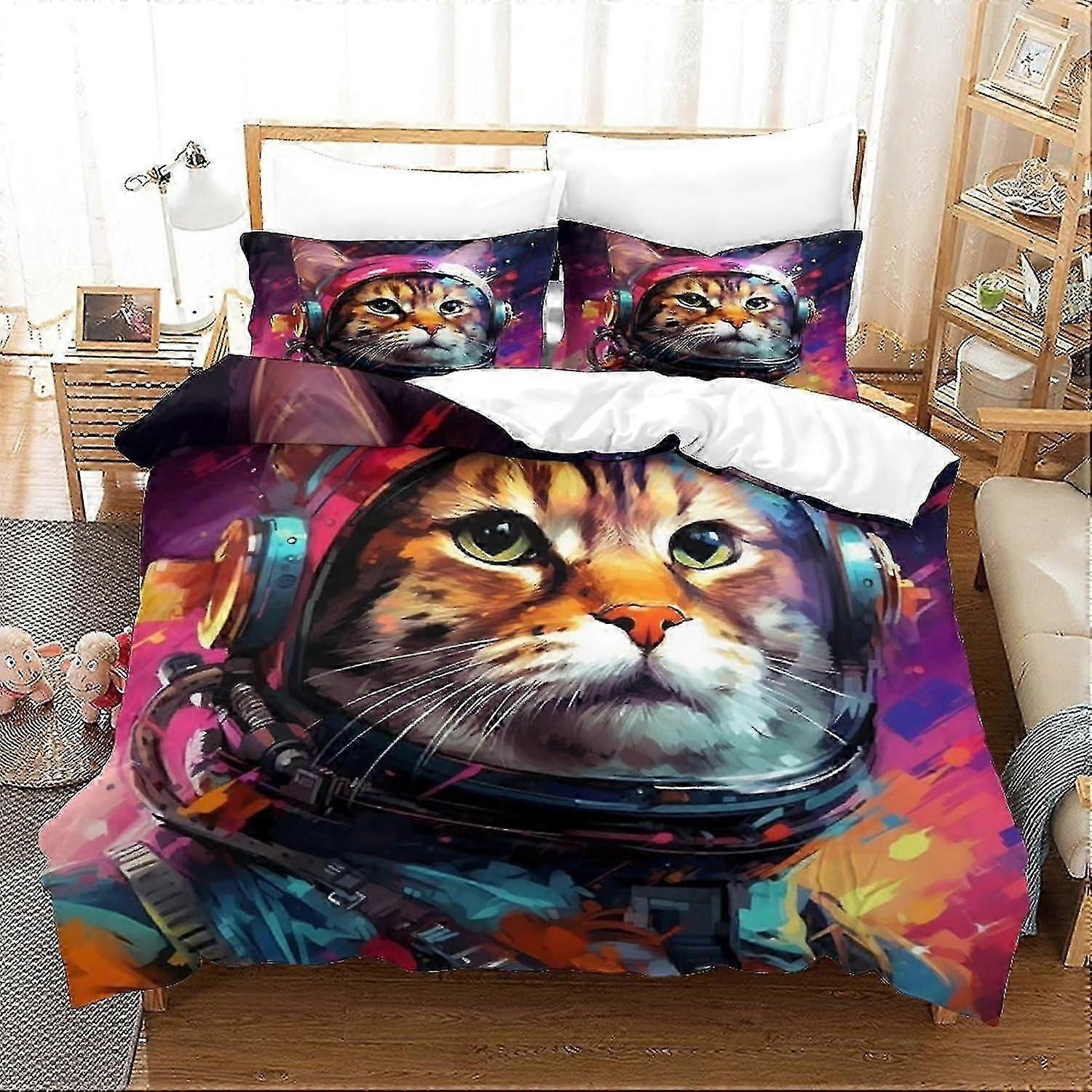 o4370 Lakan Space Cat Sängkläder Påslakan Set Mjuk Microfiber Kitten Sängkläder Set Täcke Cover Set med dragkedja och kudde Shams för barn Annons