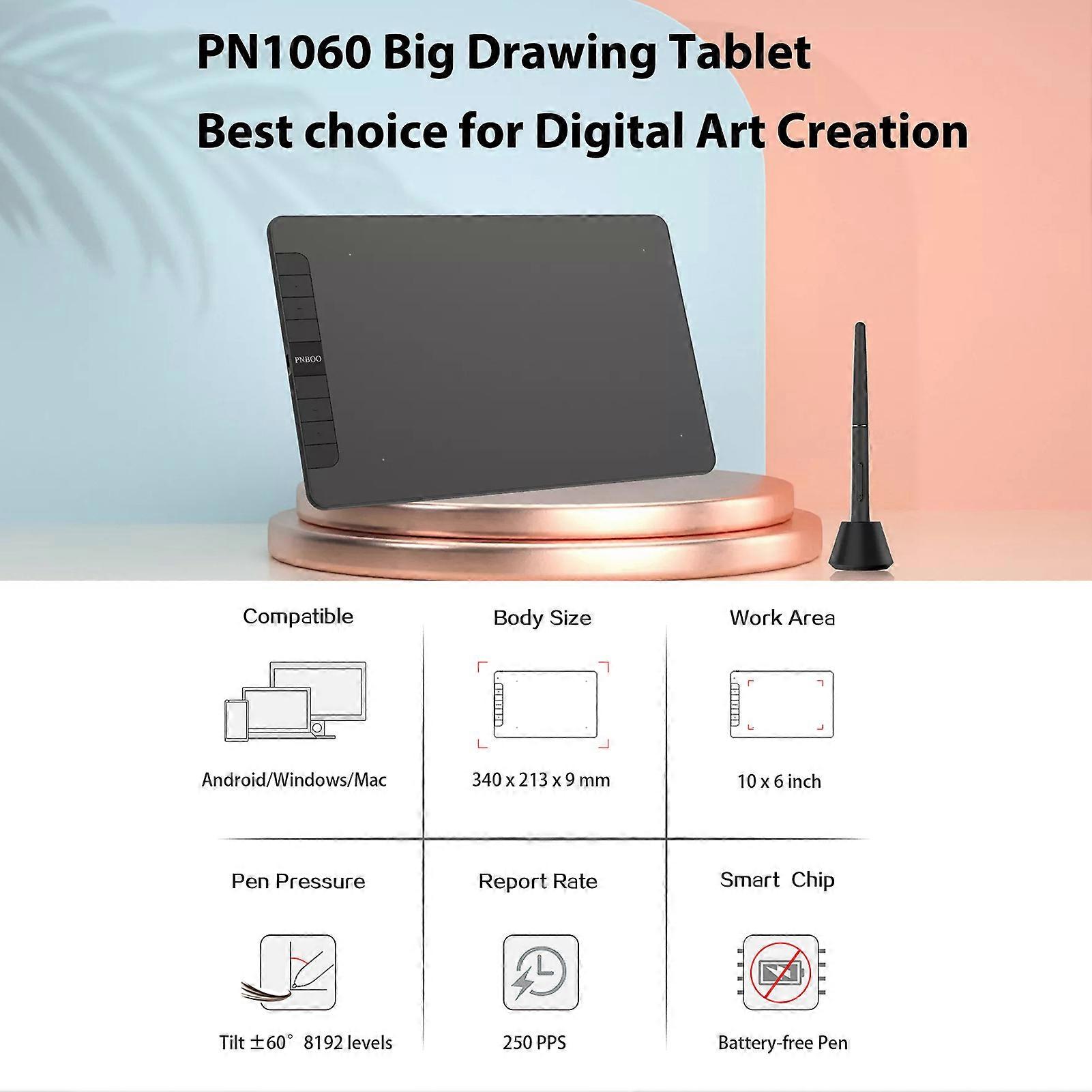 Graphics Tablet 10x6in Active Area 8192 Levels Pressure Tilt Function Art Animation Drawing Board with Passive and 28 Pen Nibs for Laptop PC