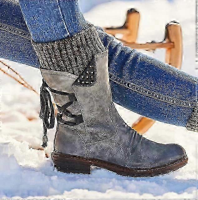 Women's Warm Leather Snow Boots Winter Mid Calf Platform Booties