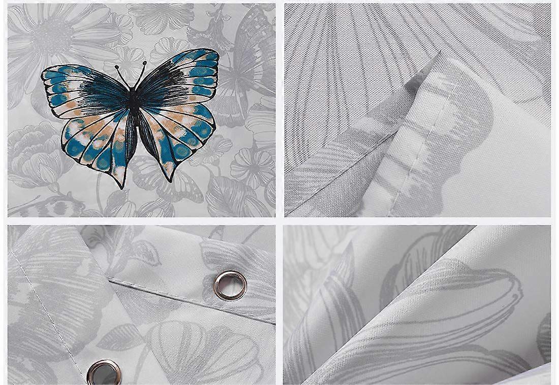 Waterproof and mildew-resistant polyester fabric shower curtain with butterfly design, with hooks, washable and weighted hem.