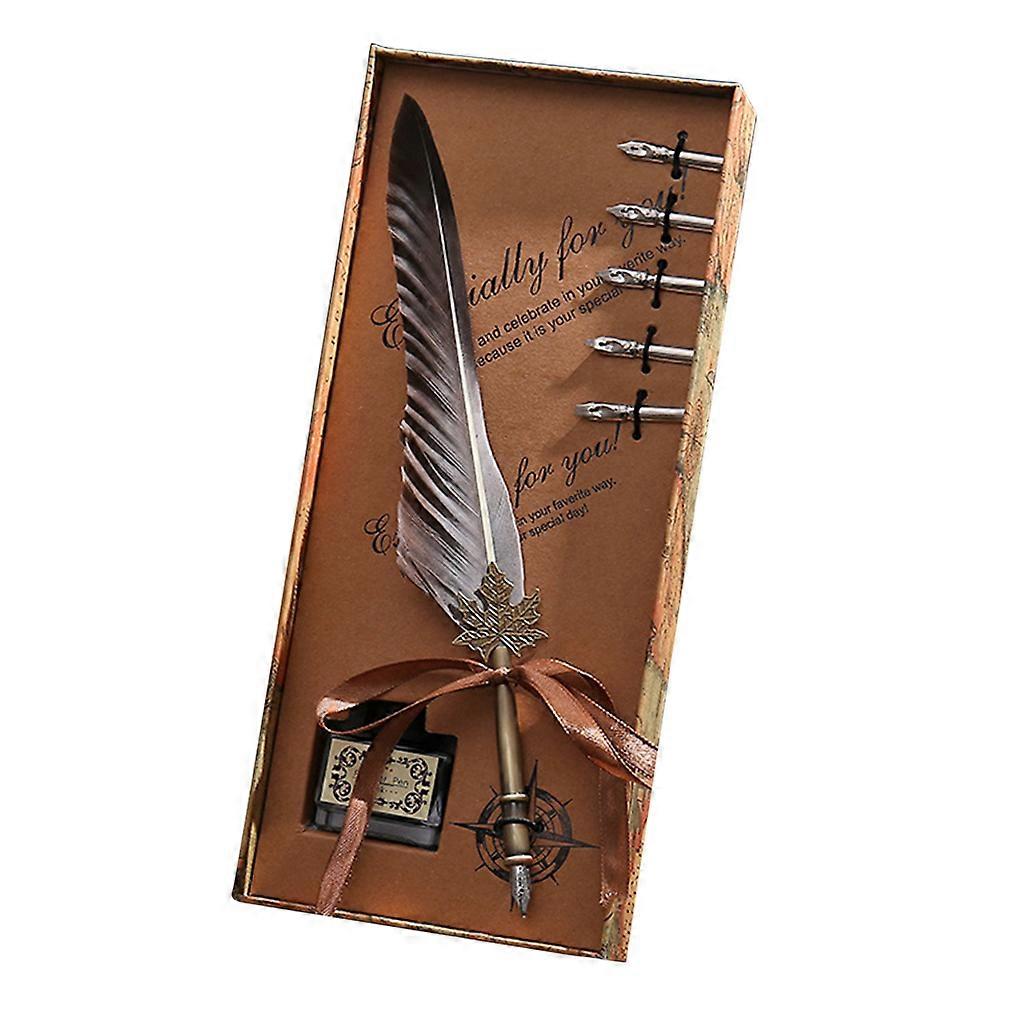 Retro Writing Quill Dip Pen with 5 Replacement Nibs, Dip Ink Bottle in Gift Storage Box for Birthday Party Light Grey