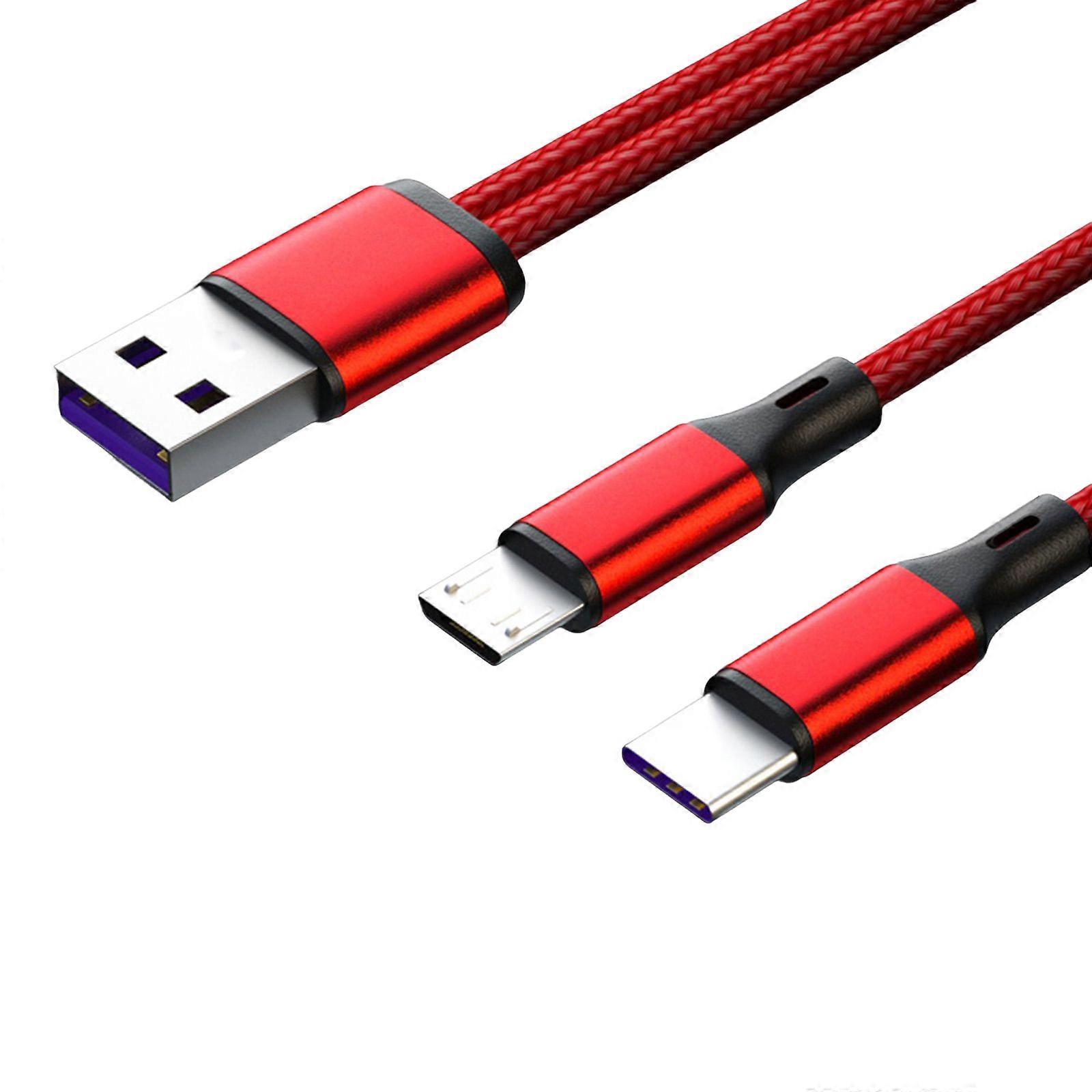 Type-C Splitter Charging Cable 2 in1 USB Charge Cable Type-C Micro-USB Connector Multi-Charging Cable Braided Cord Red