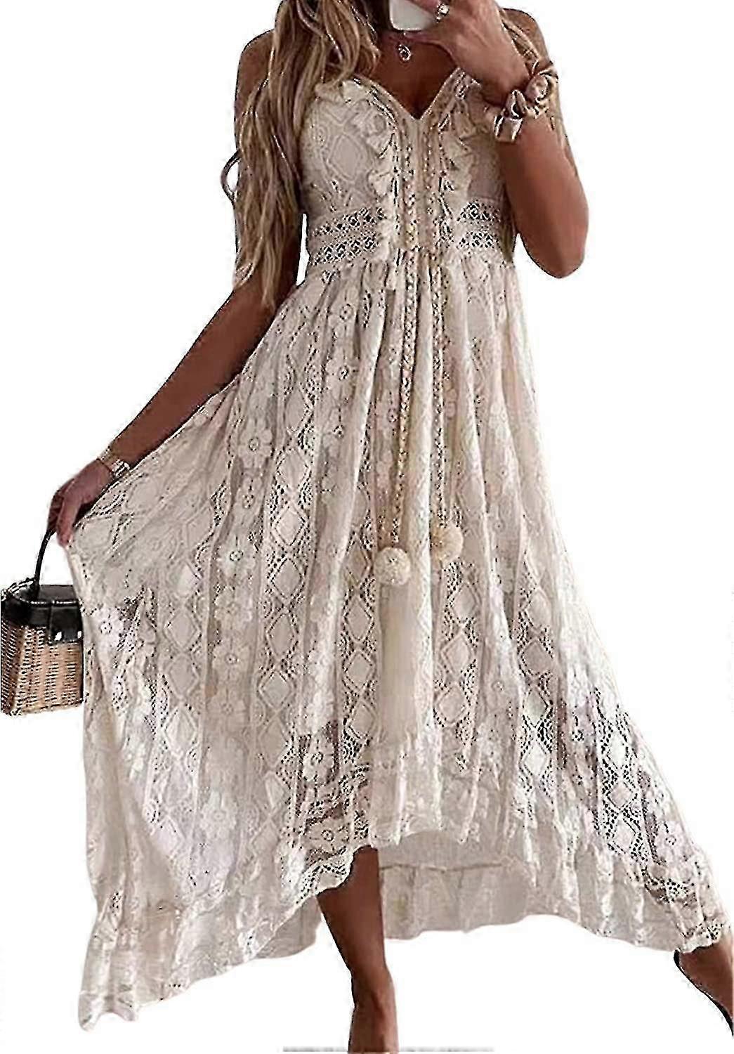 Kadın Yaz Slip Boho Maxi Elbise Dantel Up Püskül V Yaka Flare Ruffle Plaj Elbiseleri