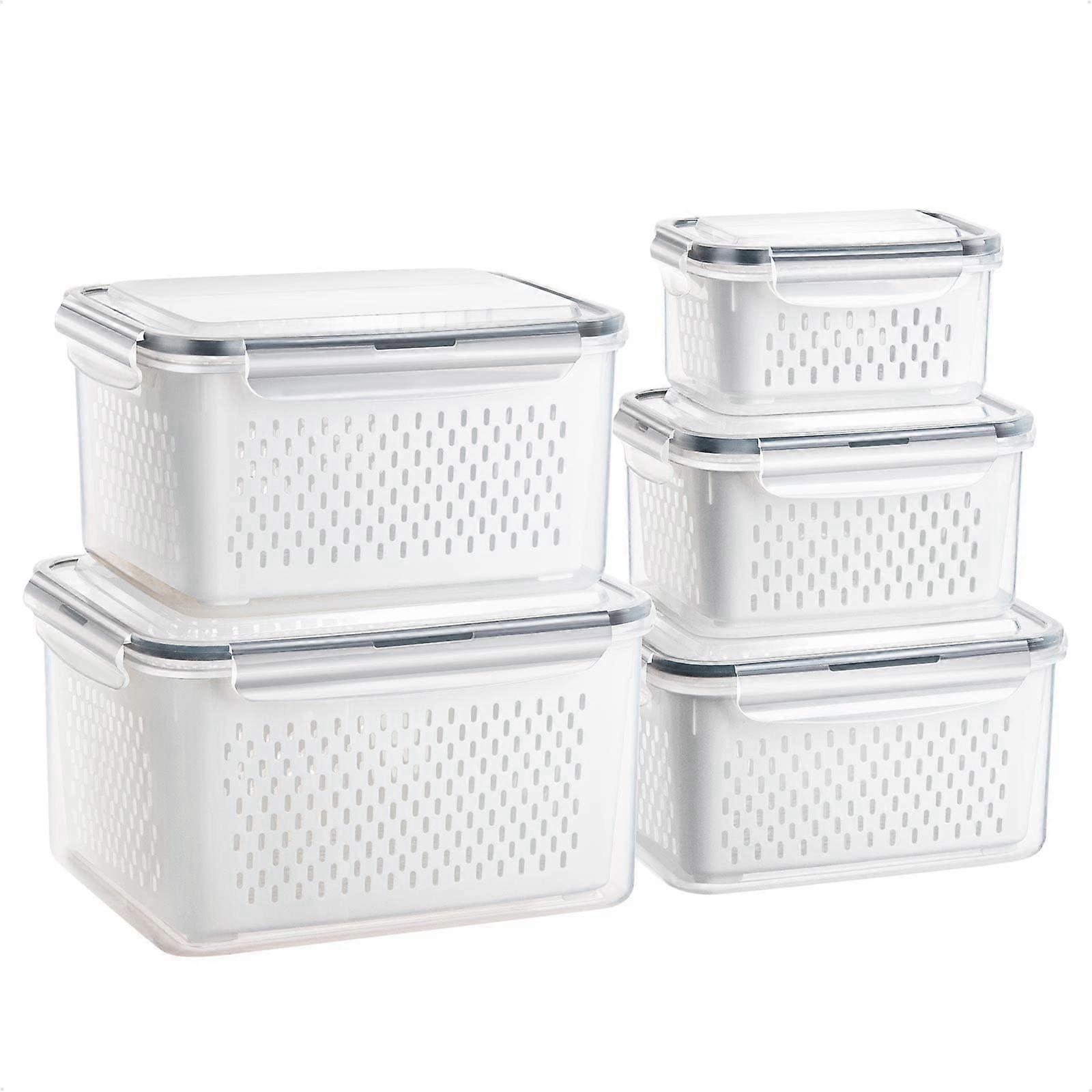 Food Storage Containers with Lid and Strainer, 5 Plastic Fridge Organiser Set