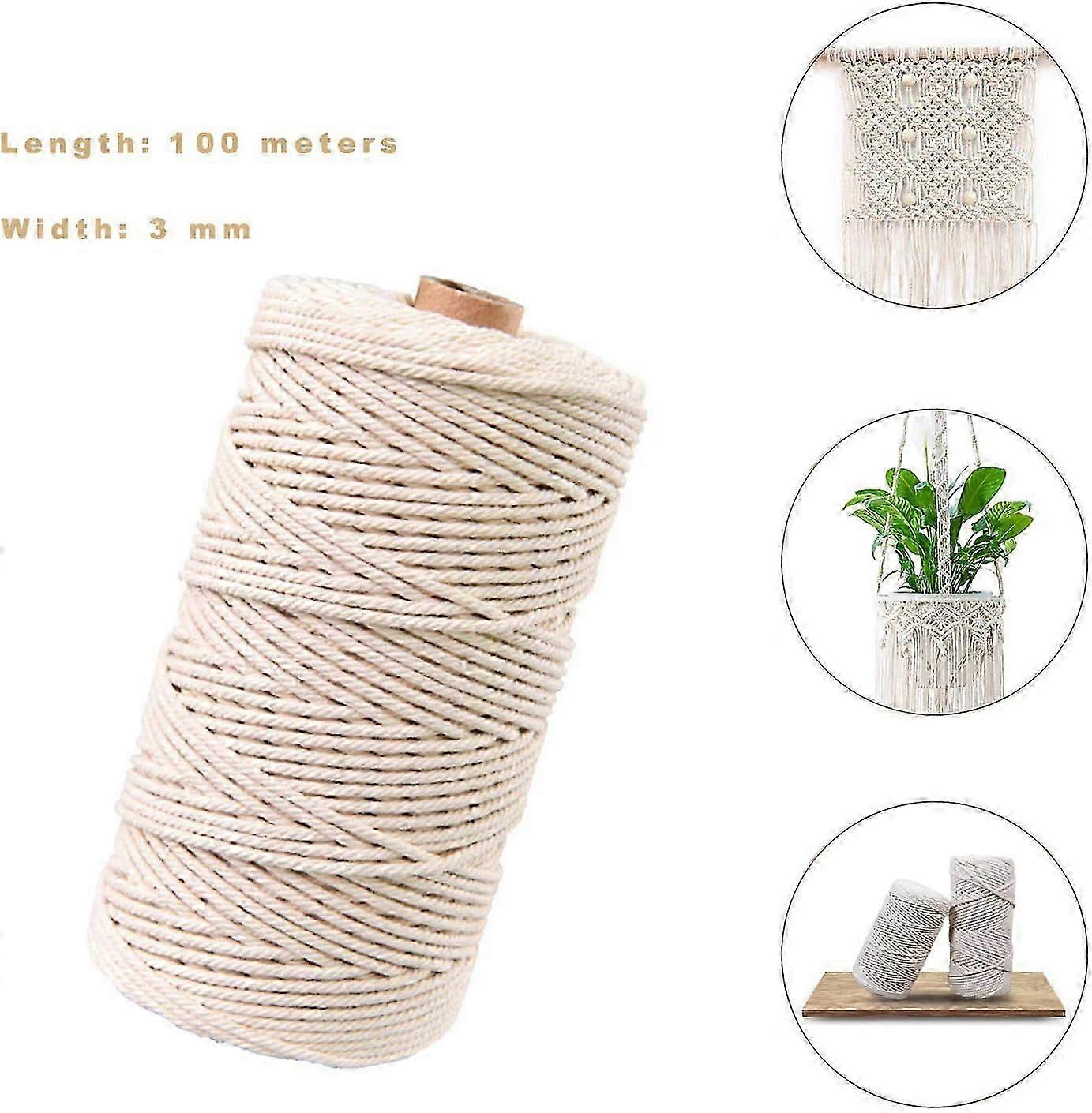 حبل غزل قطني طبيعي، حرفة غزل قطني، خيط قطني أبيض، خيط DIY، خيط مكرميه (100 متر - 3 مم)