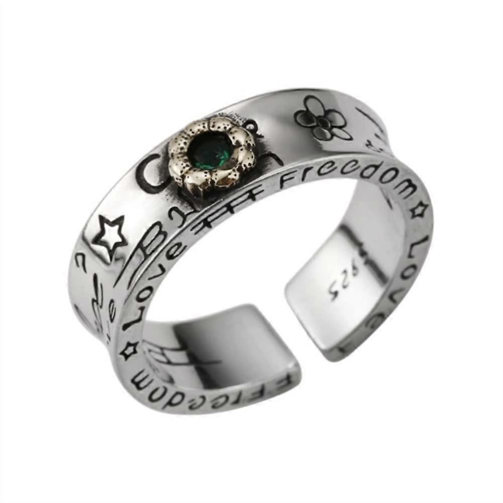 Statement Ring Sterling Silver Adjustable Flower Graffiti Design Emerald Green Accent