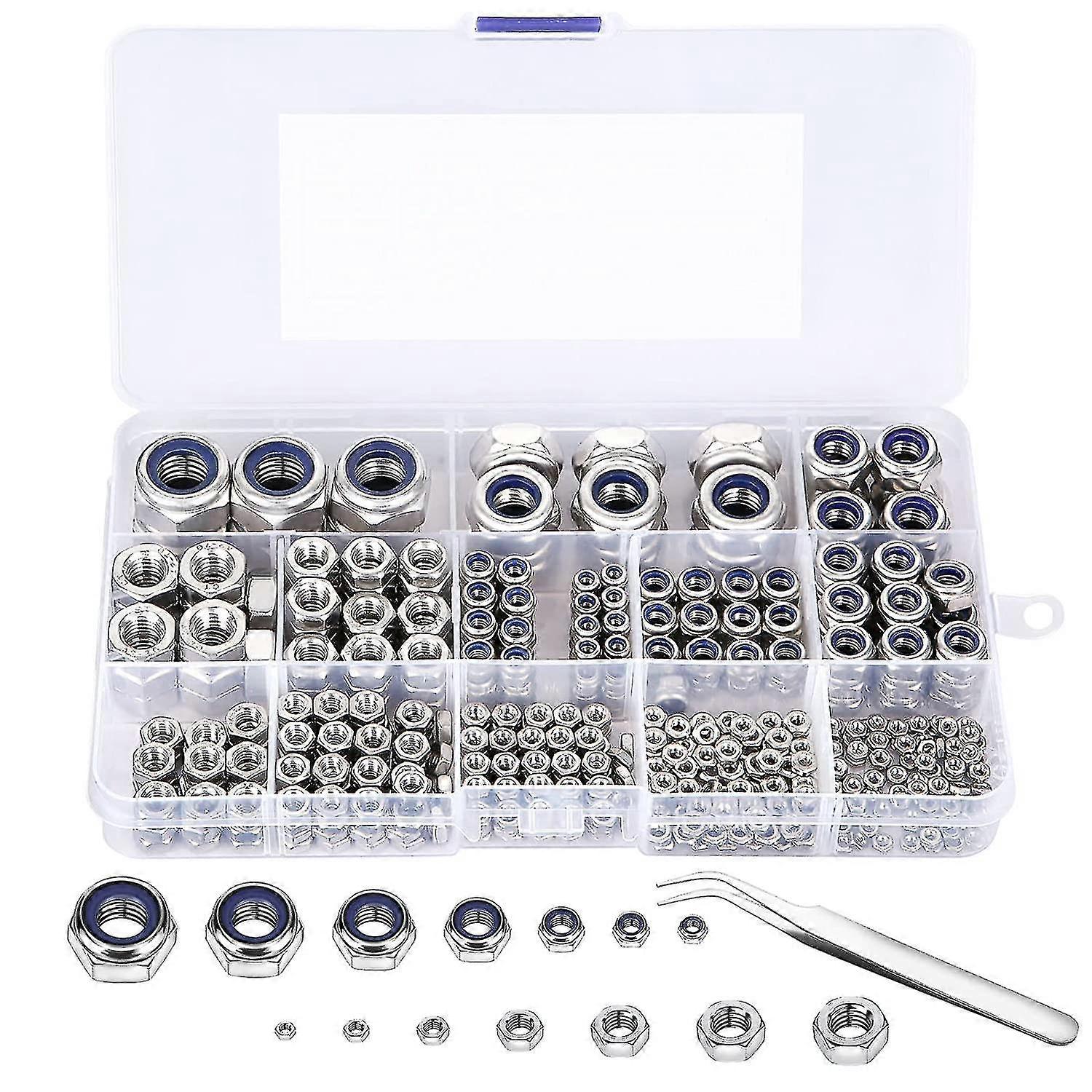 Locking Hex Nuts, 520 Pieces Nylon Self-locking Nuts for Various Sizes M2 to M12 with Storage