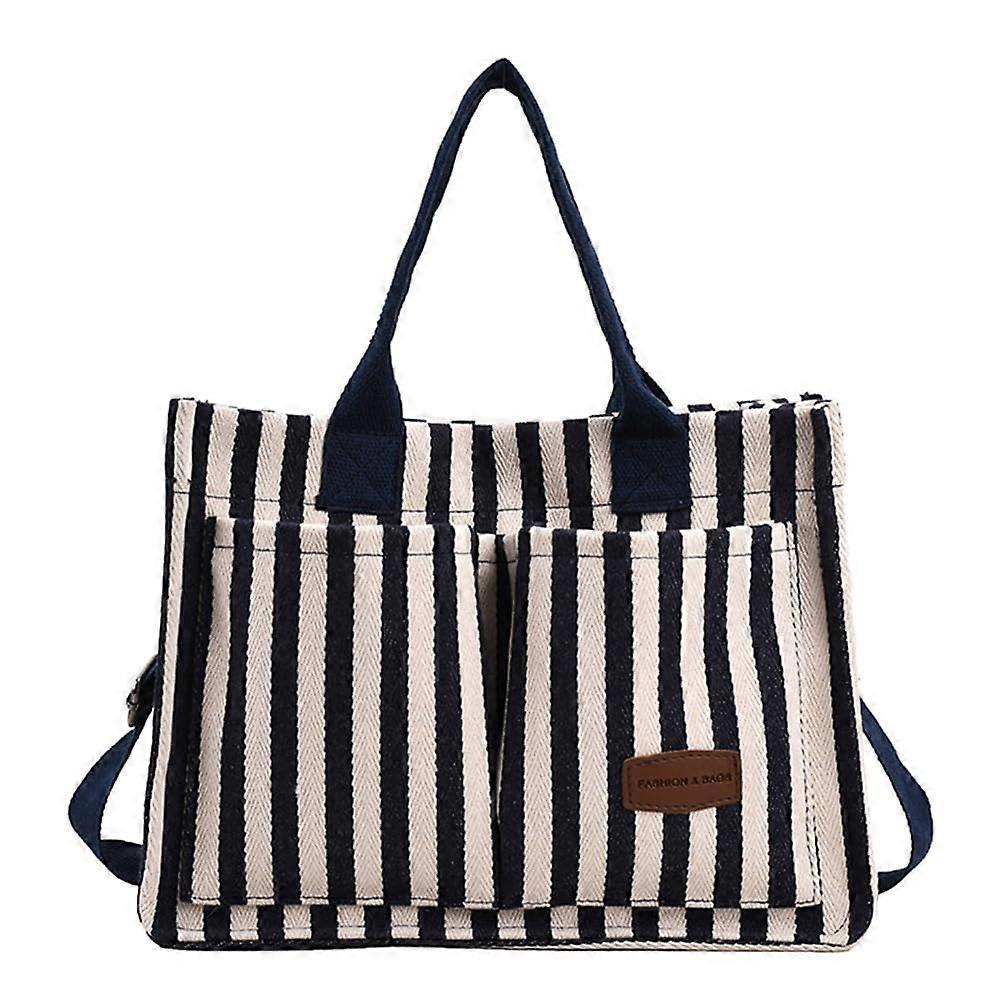 Women Striped Tote Bag Large Capacity Canvas For Everyday Use Adjustable Strap Blue