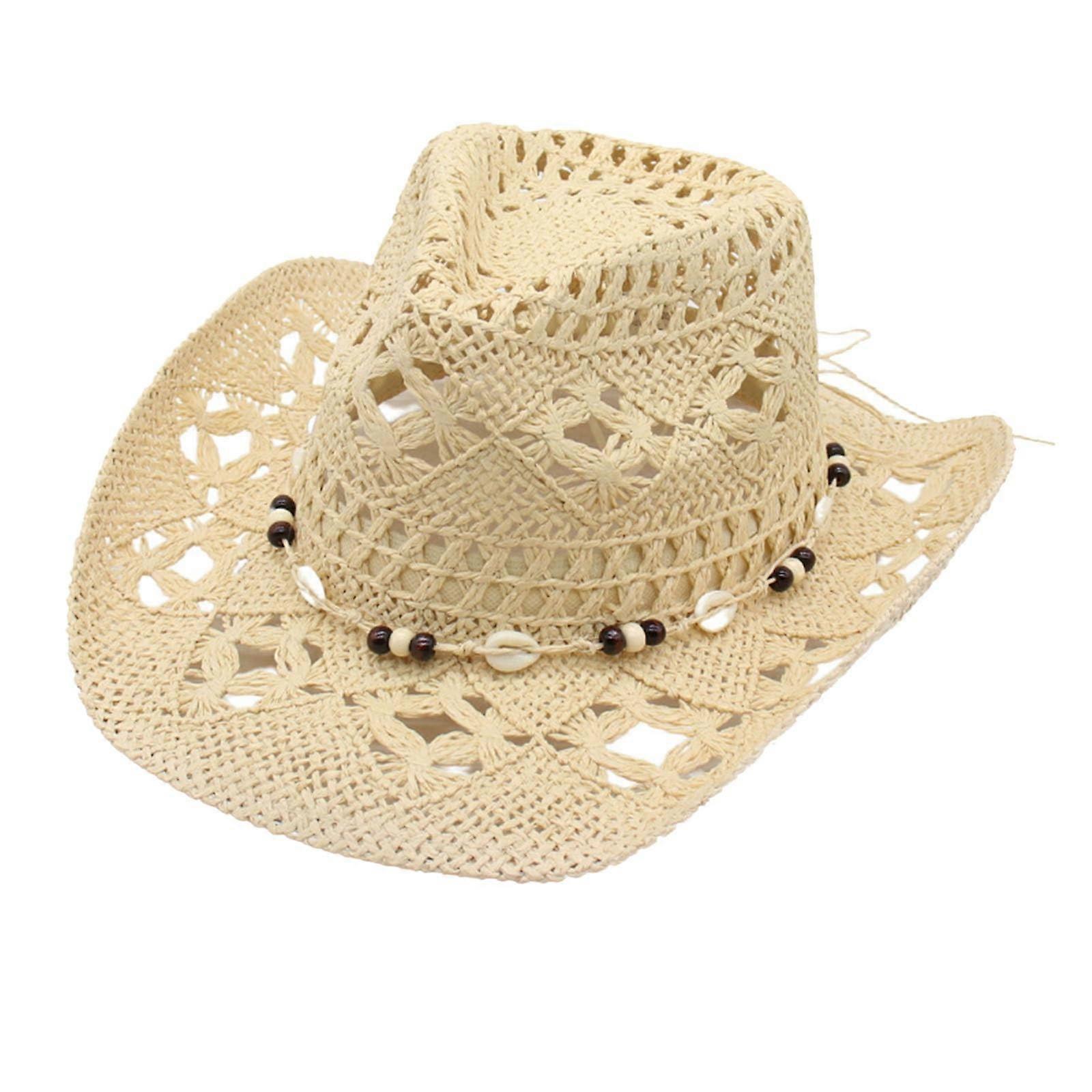 Unisex Hohl Gewebter Strohhut mit Perlen UV-Schutz Foldable Beige One-Size Pirate Style Summer Hat