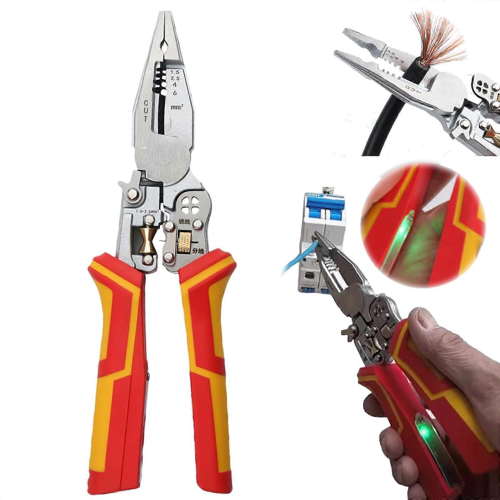 9in1 Wire Stripping Tool with Voltage Measurement Adjustable Crimping, Turning, Cutting, Pulling and Scraping Pliers for Efficient Electrical Work