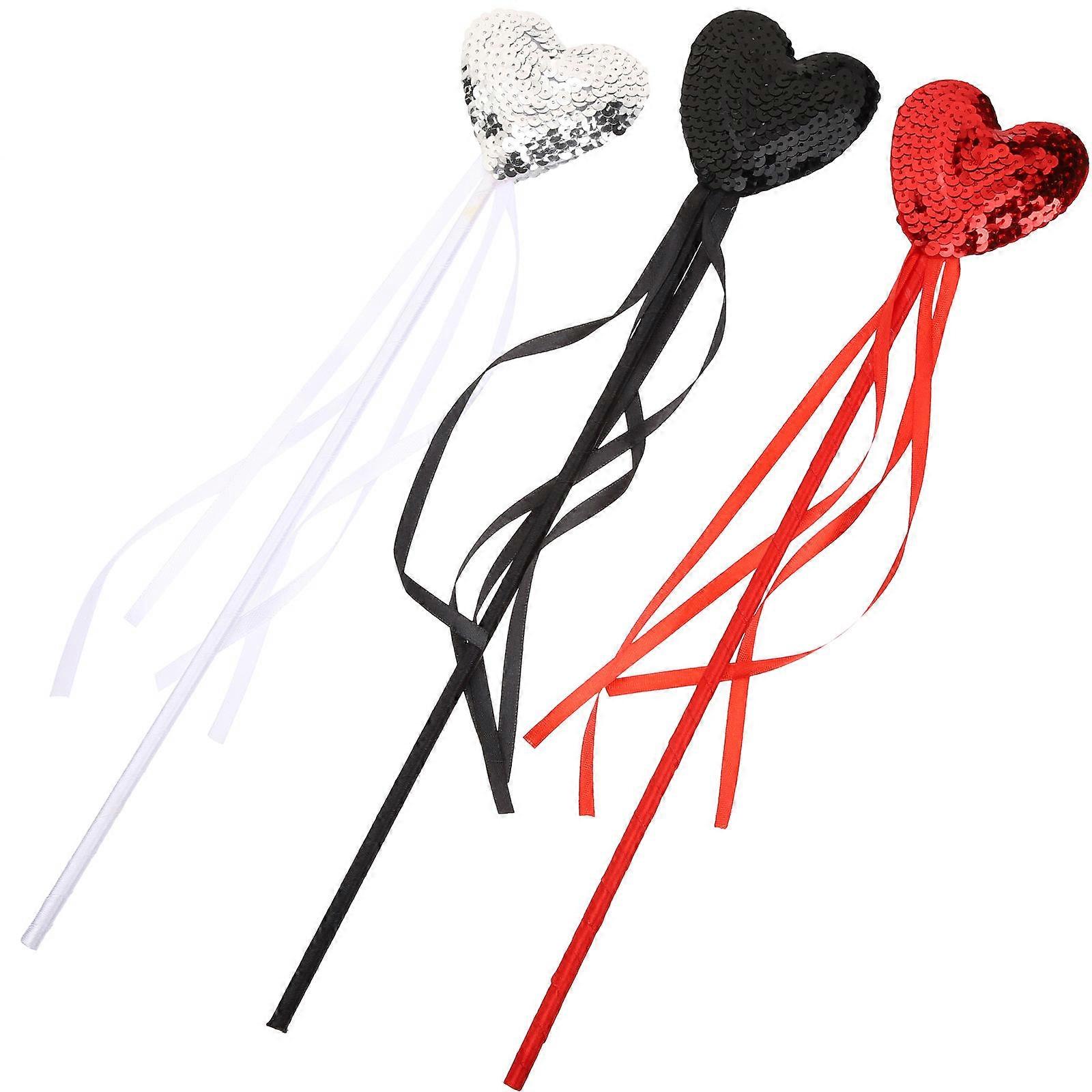 Assorted Color Heart Fairy Wands Kit for Cosplay Party Supplies with Glitter and Satin Ribbon, 3 Pcs