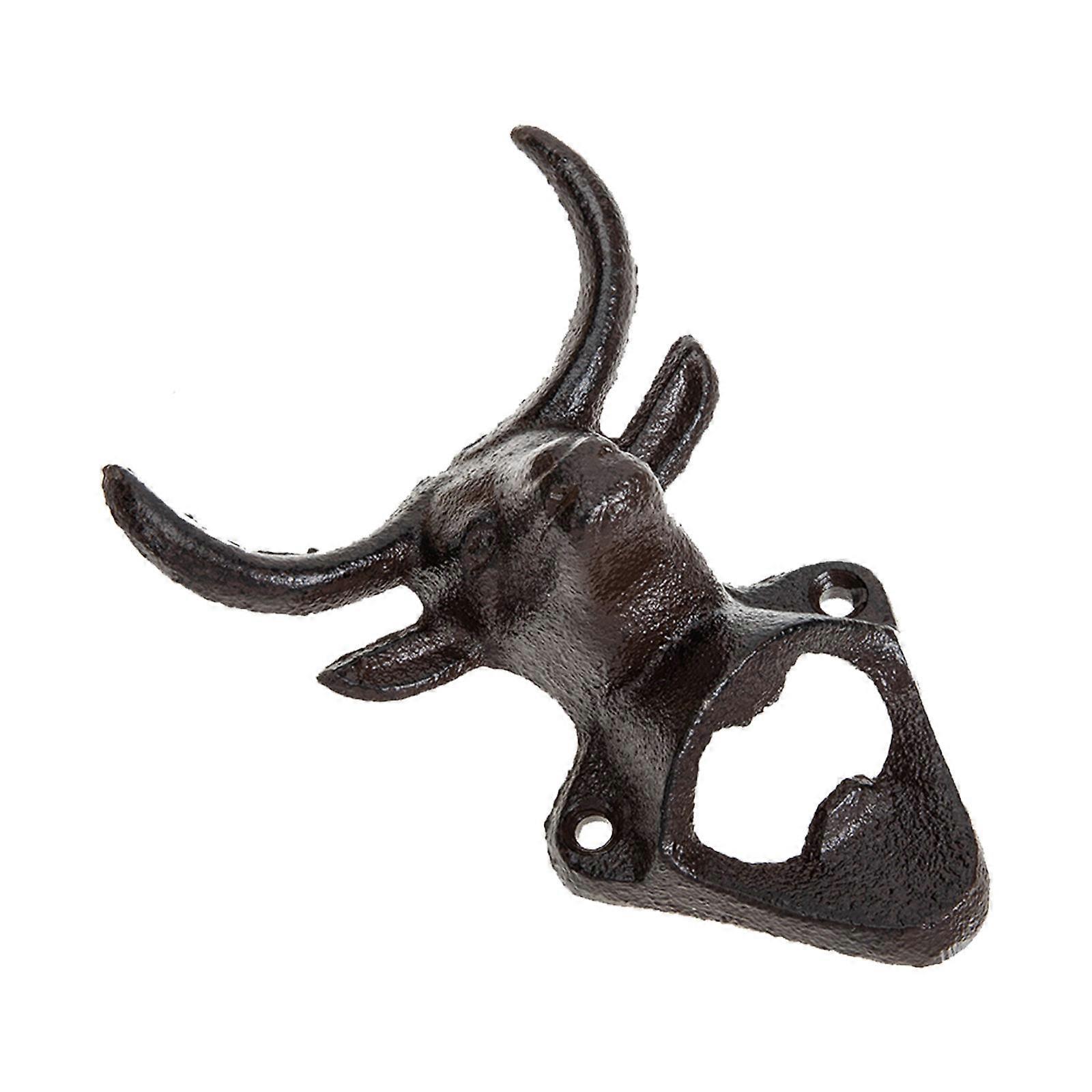 Iron Bottle Opener with Animal Head Shape for Decor Coffee Color Wall Mountable 3.5 x 2.5 Inches