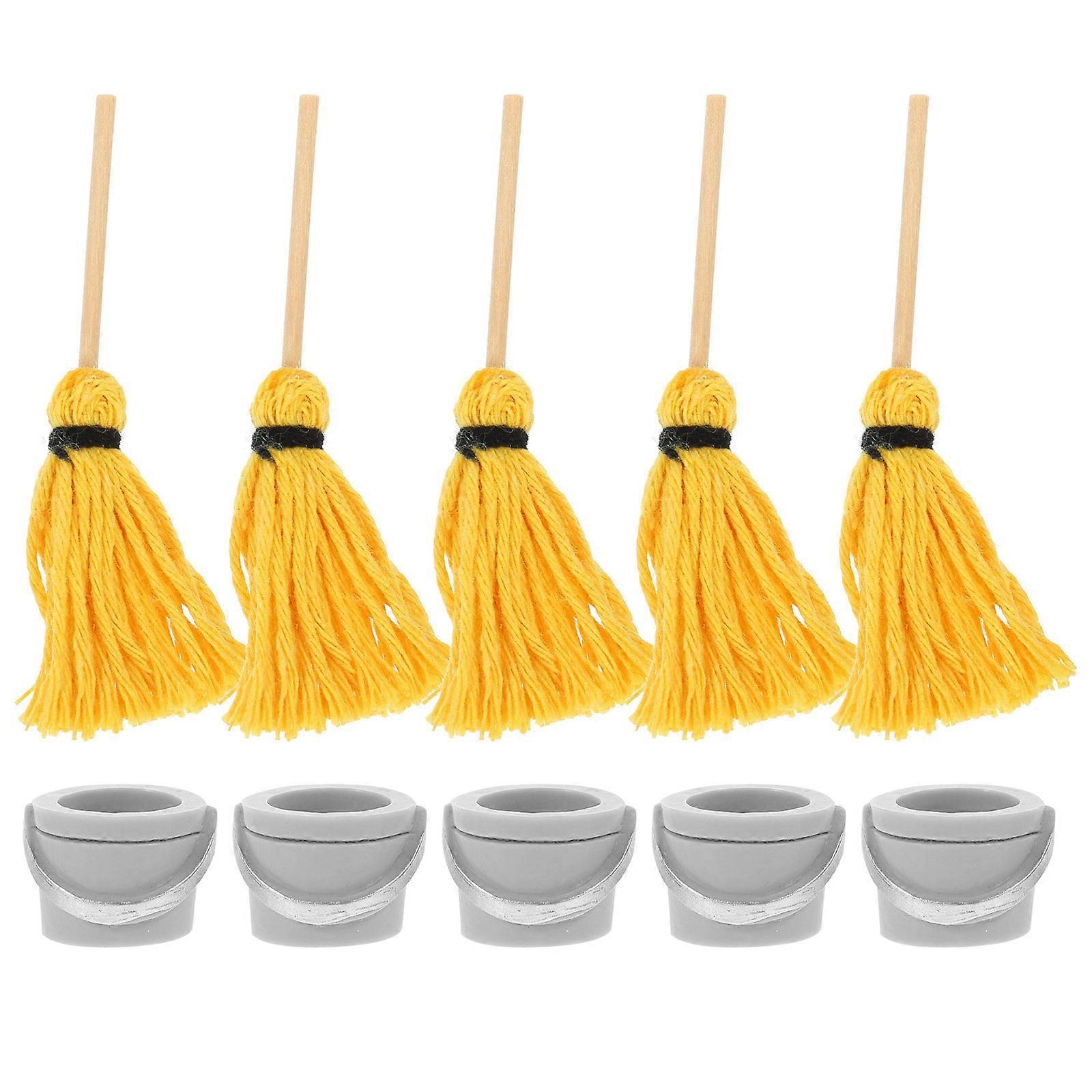 Creative Yellow Mini House Mop and Bucket Decors for Tool Model Ornaments Made of