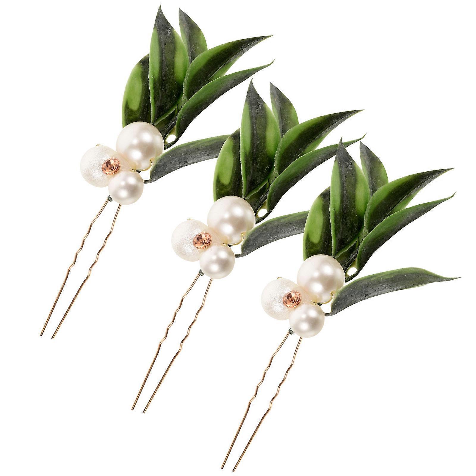 Assorted Color Pearl Hairpins with Artificial Leaf Design for Decoration 3Pcs