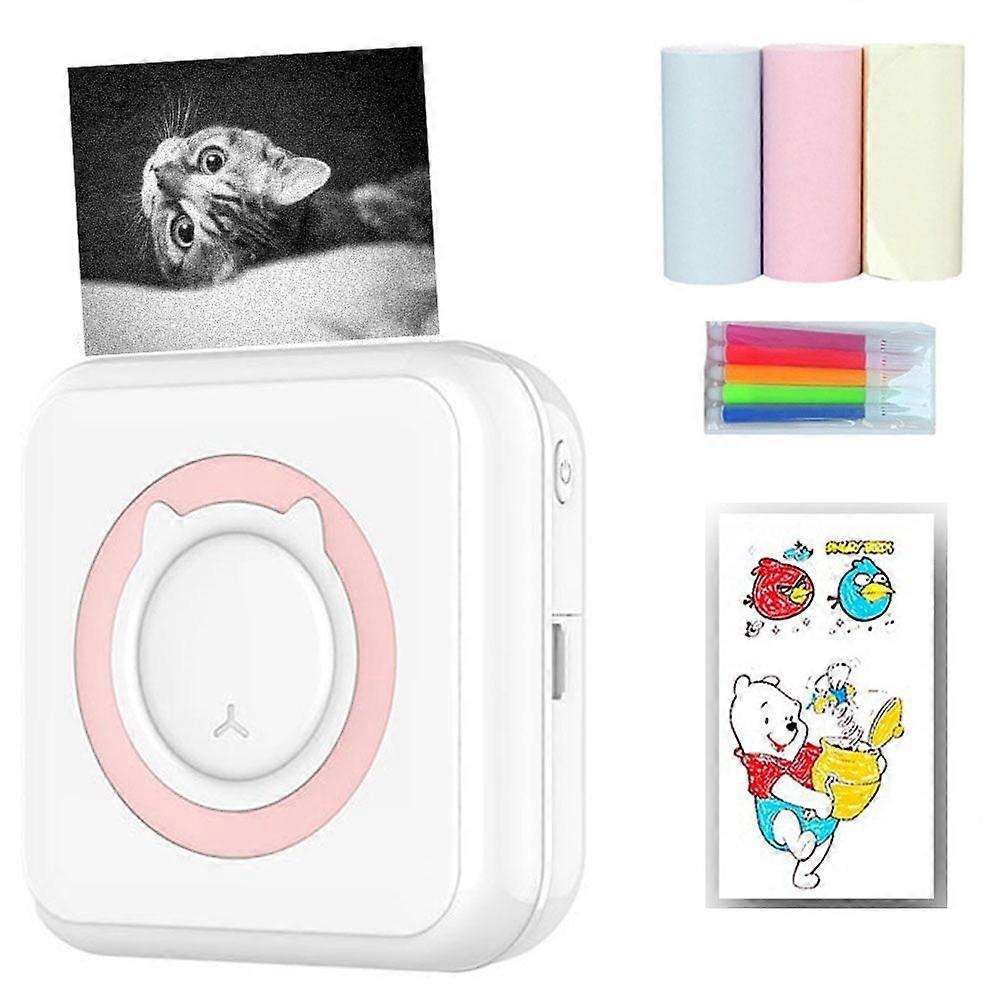 Mini Bluetooth Printer for Notes, Photos, with 3 Rolls Colored Paper & 5 Colored Pens, Pink