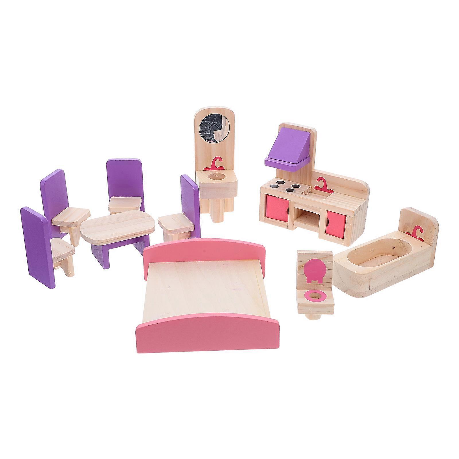 Miniature Wooden Dollhouse Furniture Set – Easy Assemble DIY Accessories with Tiny Chairs, Tables, Beds for Pretend Play