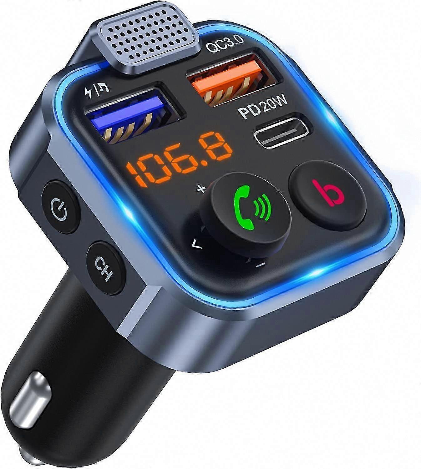 FM Transmitter Car Adapter with Type-C PD 20W & QC3.0 Fast Charging, Bluetooth 5.0 Wireless, Hands-Free Calling, MP3 Player, Hi-Fi Audio Receiver