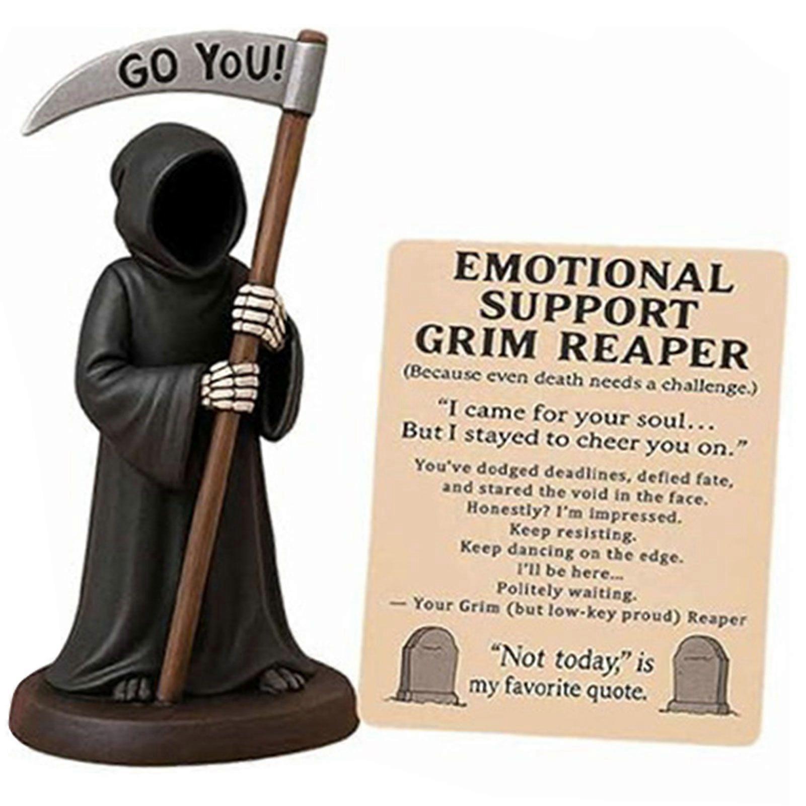 Emotional Support Grim Reaper, Resin Gothic Grim Reaper Statue Holding Coffee & Cat with Emotional Support Card