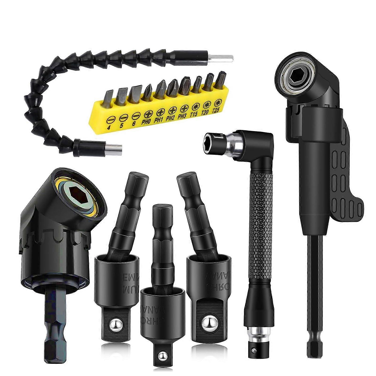 17Pcs Flexible Drill Bit Extension With 3 Adapters, 2 Hex Shank Bits, 105 Degree Right Angle Attachment, 10 Bits, Black
