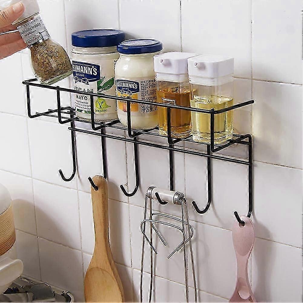 Spice Rack, Kitchen Wall Shelf with 6 Hooks, Self-adhesive Kitchen Shelf Wall-Mounted Saucepan