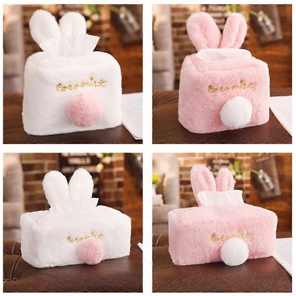 White Tissue Box Rabbit Ear Plush Paper Holder for Office 2Pcs
