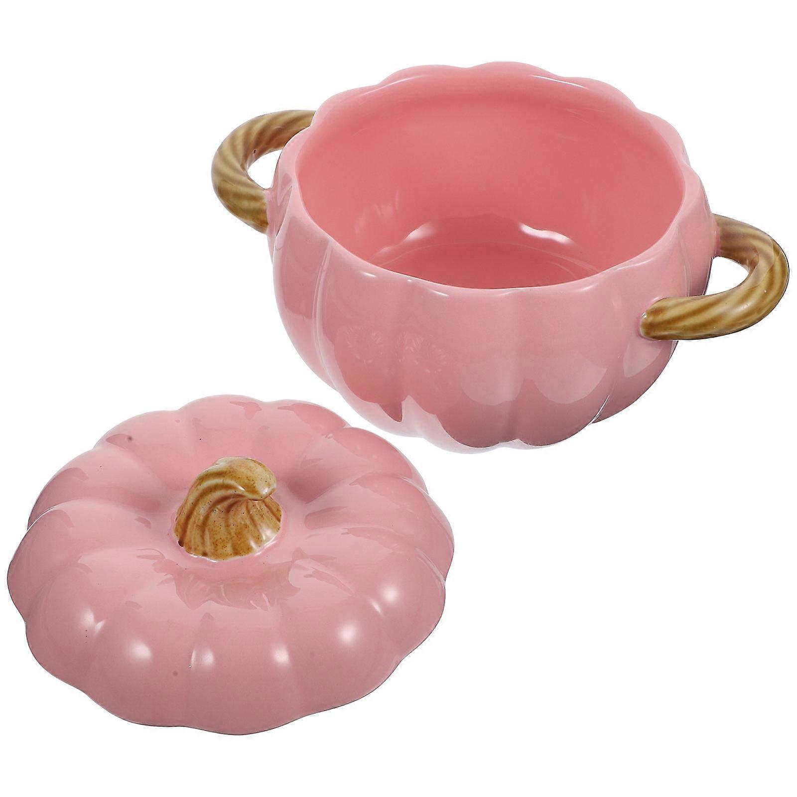Ceramic Pumpkin Bowl 2Pcs Double Handles Stew Pot With Lid Ideal For Family Use And Thanksgiving Events 10.2X6.7X12.2In